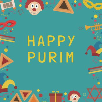 Frame with purim holiday flat design icons with text in english "Happy Purim". Template with space for text, isolated on background. Vector eps10 illustration.