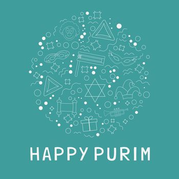 Purim holiday flat design white thin line icons set in round shape with text in english "Happy Purim". Vector eps10 illustration.
