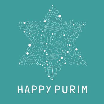 Purim holiday flat design white thin line icons set in star of david shape with text in english "Happy Purim". Vector eps10 illustration.
