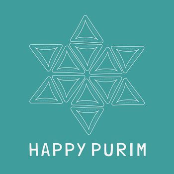 Purim holiday flat design white thin line icons of hamantashs in star of david shape with text in english "Happy Purim". Vector eps10 illustration.
