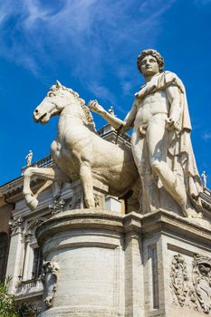 Marble statues of the Dioscuri, Castor and Pollux on the top of Capitoline Hill and Piazza del Campidoglio at Rome, Italy.