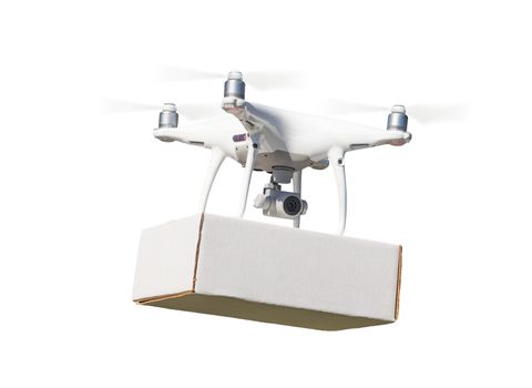 Unmanned Aircraft System (UAS) Quadcopter Drone Carrying Blank Package On White.