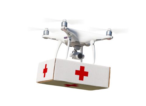 Unmanned Aircraft System (UAS) Quadcopter Drone Carrying First Aid Package On White.