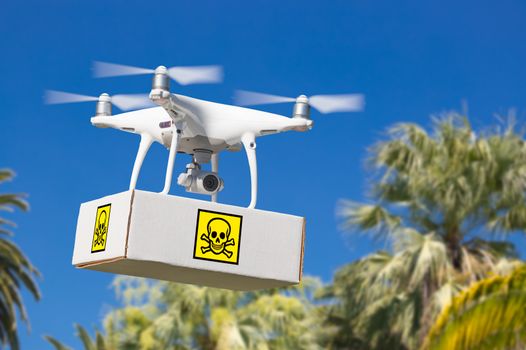 Unmanned Aircraft System (UAV) Quadcopter Drone Carrying Package With Poison Symbol Label Over Tropical Terrain.