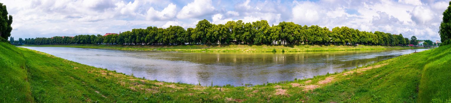 panorama of longest linden alley in europe. Summer landscape on the river embankment in Uzhgorod, Ukraine.