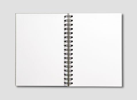 Blank open spiral notebook mockup isolated on grey