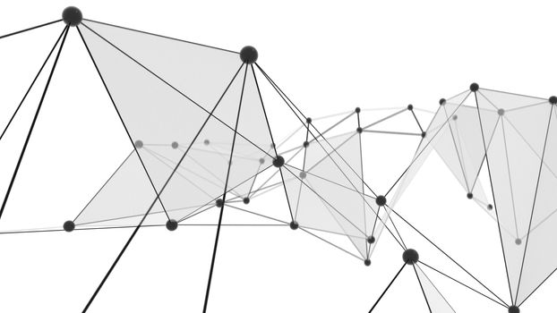 Concept of Network, Internet Communication. The black points are connected by lines and blue transparent triangles. 3D Illustration