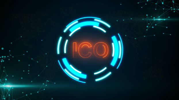 Abstract glowing digital currency button ICO with connecting dots and flares. 3D rendering