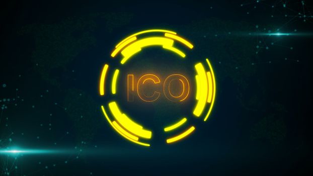 Abstract glowing digital currency button ICO with connecting dots and flares. 3D rendering