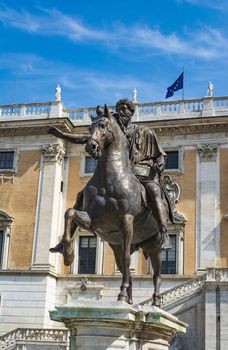 Marcus Aurelius statue on his horse in the center of the Piazza del Campidoglio, Rome, Italy.