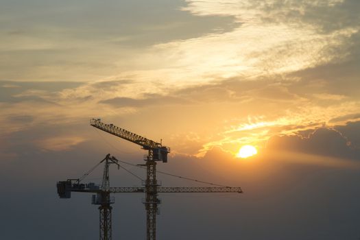 Two cranes in evening and sun sky 