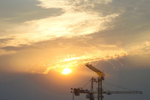 Two cranes in evening and sun sky 