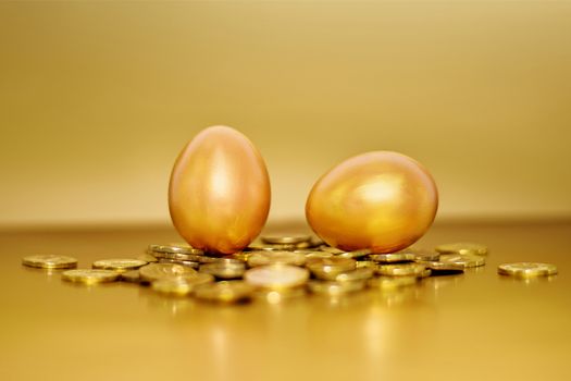 Gold coins and golden eggs, the concept of financial growth.