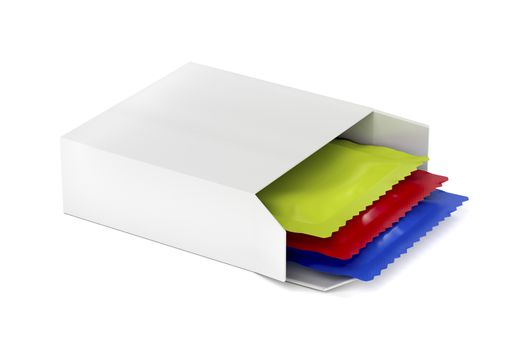 White cardboard box with three condoms on white background