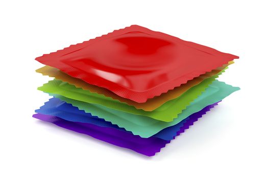 Stack of six different condoms on white background