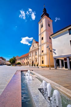 Cakovec square church and fountain view, Medjimurje region of Croatia