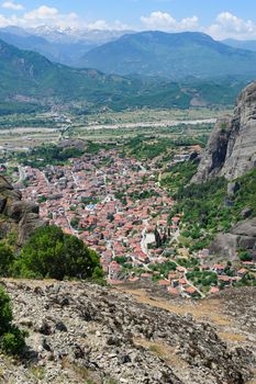 Meteora rock mountains and Kalabaka city from above, Greece