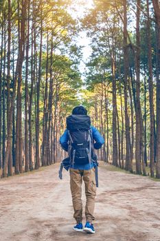 hiking man with backpack walking in forest.