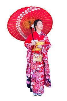 Asian woman wearing japanese traditional kimono on white background.