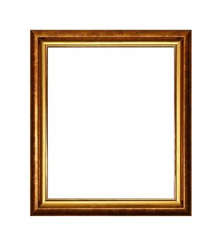 Vintage old wooden classic bronze and golden painted vertical rectangular frame for picture or photo, isolated on white background, close up