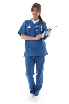 Young nurse full length portrait isolated on white background