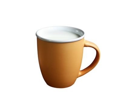 mug of clay brown color. inside poured healthy milk. isolate on white background.