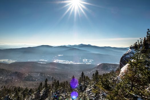 Mountain landscape in sutton, sunbeam and bright blue sky.