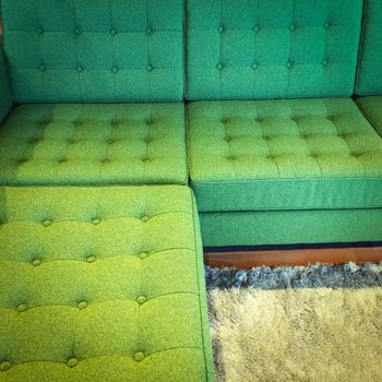 Comfortable green corner sofa on fluffy rug. Modern design.