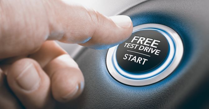 Man pushing a free test drive button. Composite image between a finger photography and a 3D background.