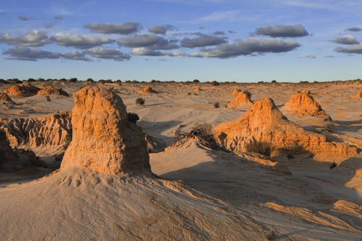 Mounts of dirt and clay rise up from the desert landscape in outback Australia