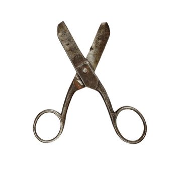 old scissors. rusty metal and scratches. one tip is broken.isolate on white background