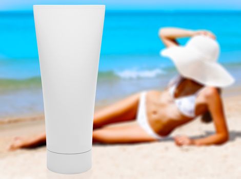 Tube of sun lotion with slim tanned woman on a beach behind. Summer holidays