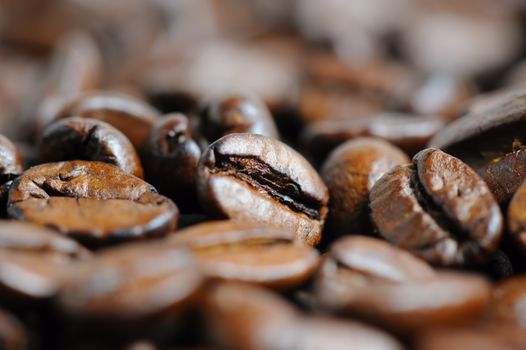 roasted coffee beans macro background, selective focus