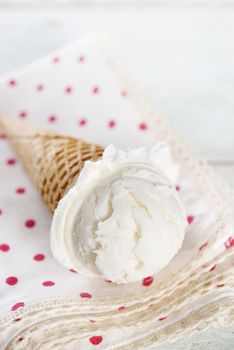 Coconut ice cream wafer cone.