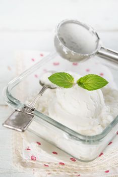 Coconut ice cream in bowl on white wooden background.