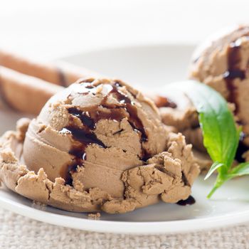 Close up plate of brown ice cream 