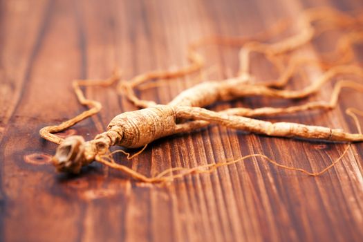 Dry ginseng on a wood background