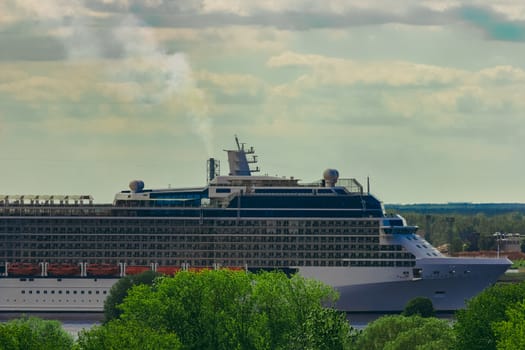 Large cruize liner. Passenger ship moored in old town