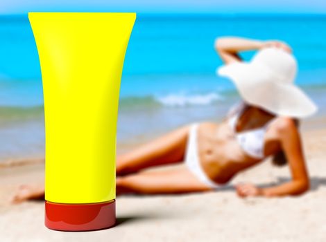 Woman in a swimsuit against the background of the blue sea and yellow bottle of sunblock cream or lotion