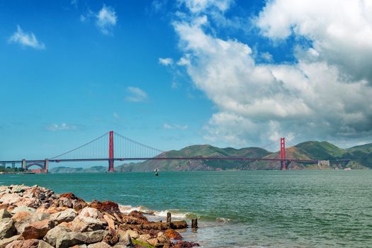 Golden gate bridge day landscape, San Francisco. Panoramic view of Golden Gate brige in San Francisco.