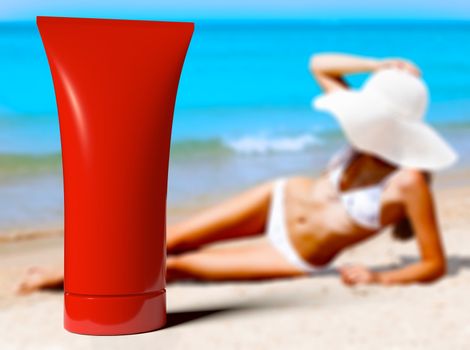 Woman in a swimsuit against the background of the blue sea and red bottle of sunblock cream or lotion