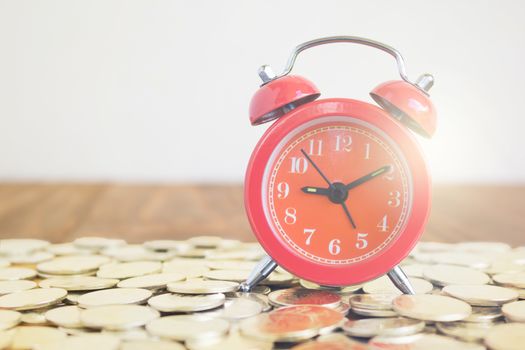 Image Of Coins With Red Fashioned Alarm Clock For Display Planning Money Financial And Business Accounting Concept, Time Is Money Concept With Clock And Gold Coins, Time To Work At Make Money