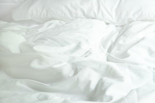 White Pillow On Bed And With Wrinkle Messy Blanket In Bedroom, From Sleeping In A Long Night Winter.