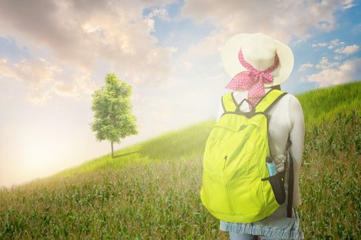 Woman Traveler With Backpack Enjoy View At Mountain, Traveling Along Mountain, Freedom And Lifestyle Concept