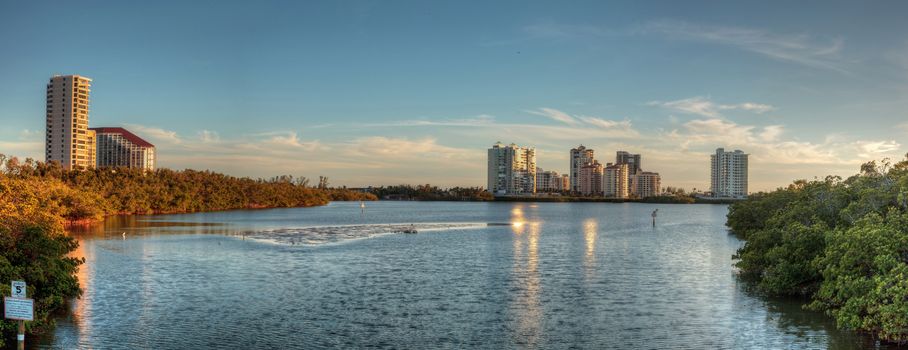 Panoramic view of the buildings at Clam Pass at sunset in Naples, Florida