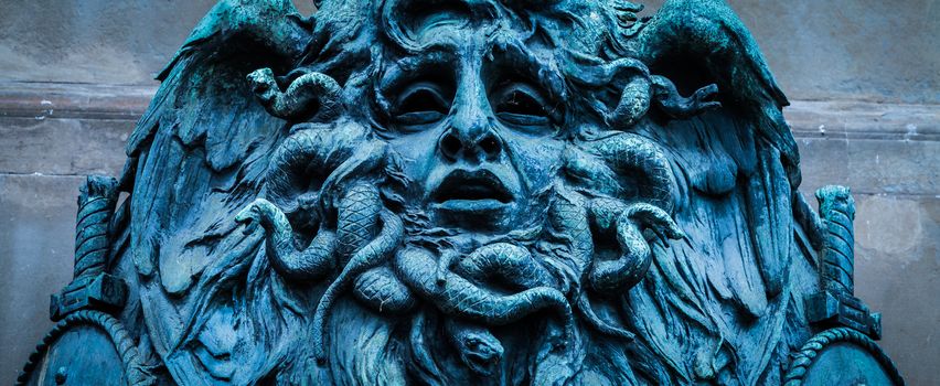 Italy, Turin. This city is famous to be a corner of two global magical triangles. This is a Medusa's head made of bronze close to the historical garden of Valentino in Turin.