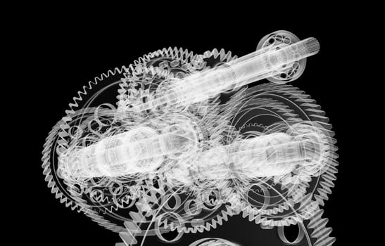 The mechanism consists of gears, shafts and bearings. Diagnosis of machine failure.. Isolated X-ray render on a black background. 3d illustration