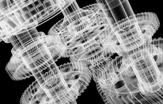 The mechanism consists of gears, shafts and bearings. Diagnosis of machine failure.. Isolated X-ray render on a black background. 3d illustration