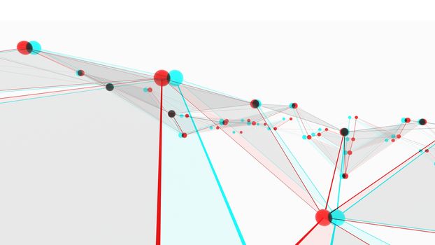 Concept of networks, science, technology or business. The points are connected by lines and transparent triangles. Large data array. 3d illustration with anaglyph effect