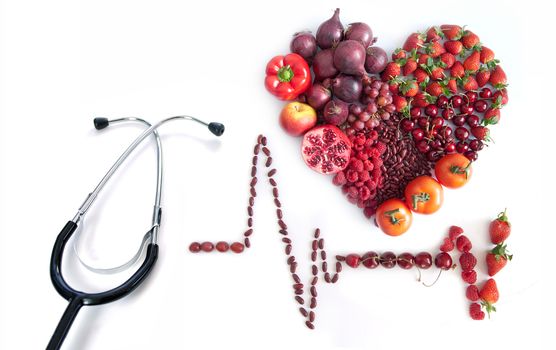 Cardiogram icon with heartshape made from food and stethoscope